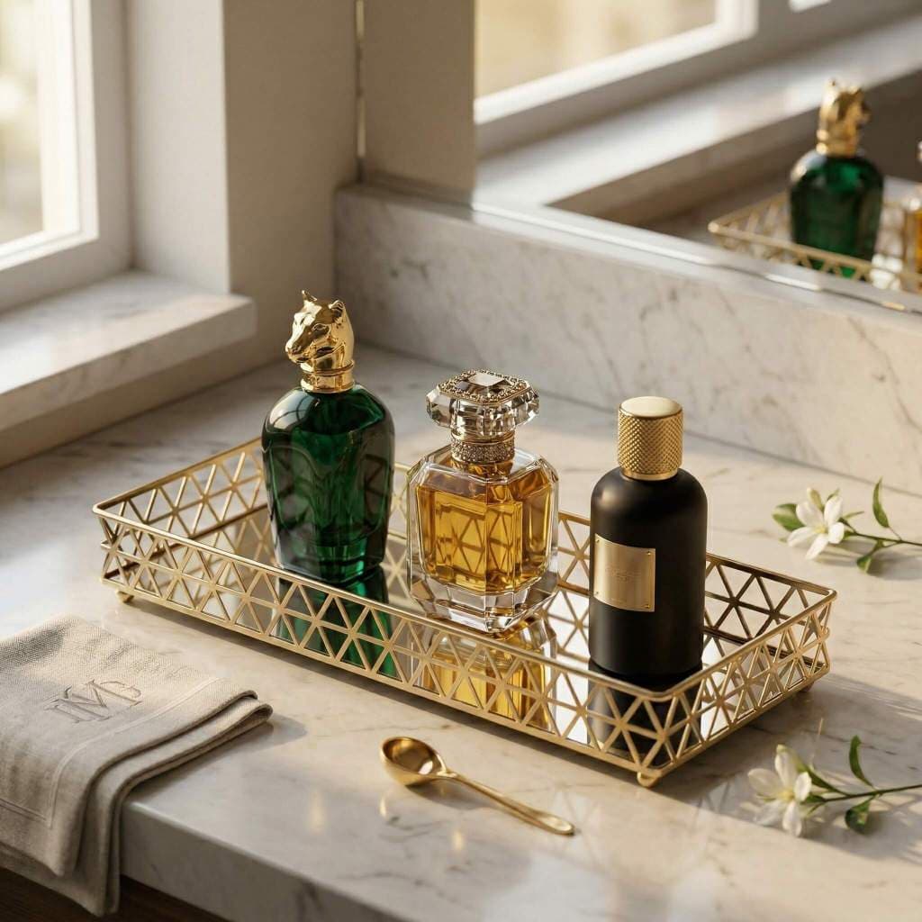 Bandeja Espelhada Para Decoração Perfumes Banheiro Grande Dourada Retangular Luxo Louvre Clássica Elegante 34x12cm