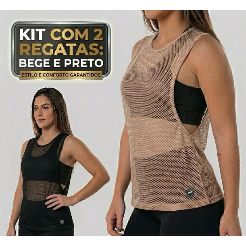 KIT COM 2 BEGE PRETO CAMISETA REGATA FEMININA TELA TULE TRANSPARENTE SOBREPOSIÇÃO ACADEMIA FITNESS