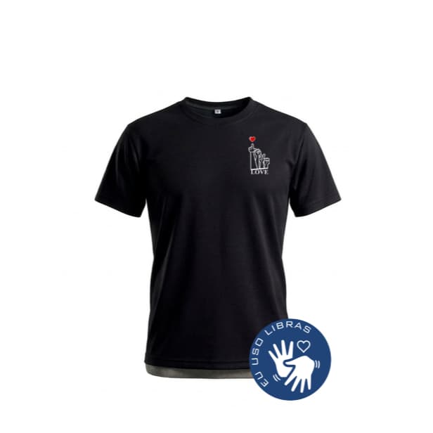 Camiseta básica LOVE Malha Fria (PV) Preta Camiseta Manga Curta para uso diário Camiseta com estampa em LIBRAS Unissex