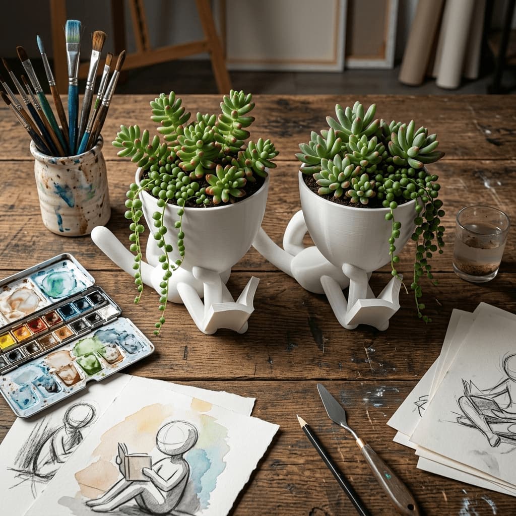 Kit 2 Vasos Criativos em Plástico Premium Ecológico Formato Boneco Lendo para Decoração de Estantes Cactos Suculenta