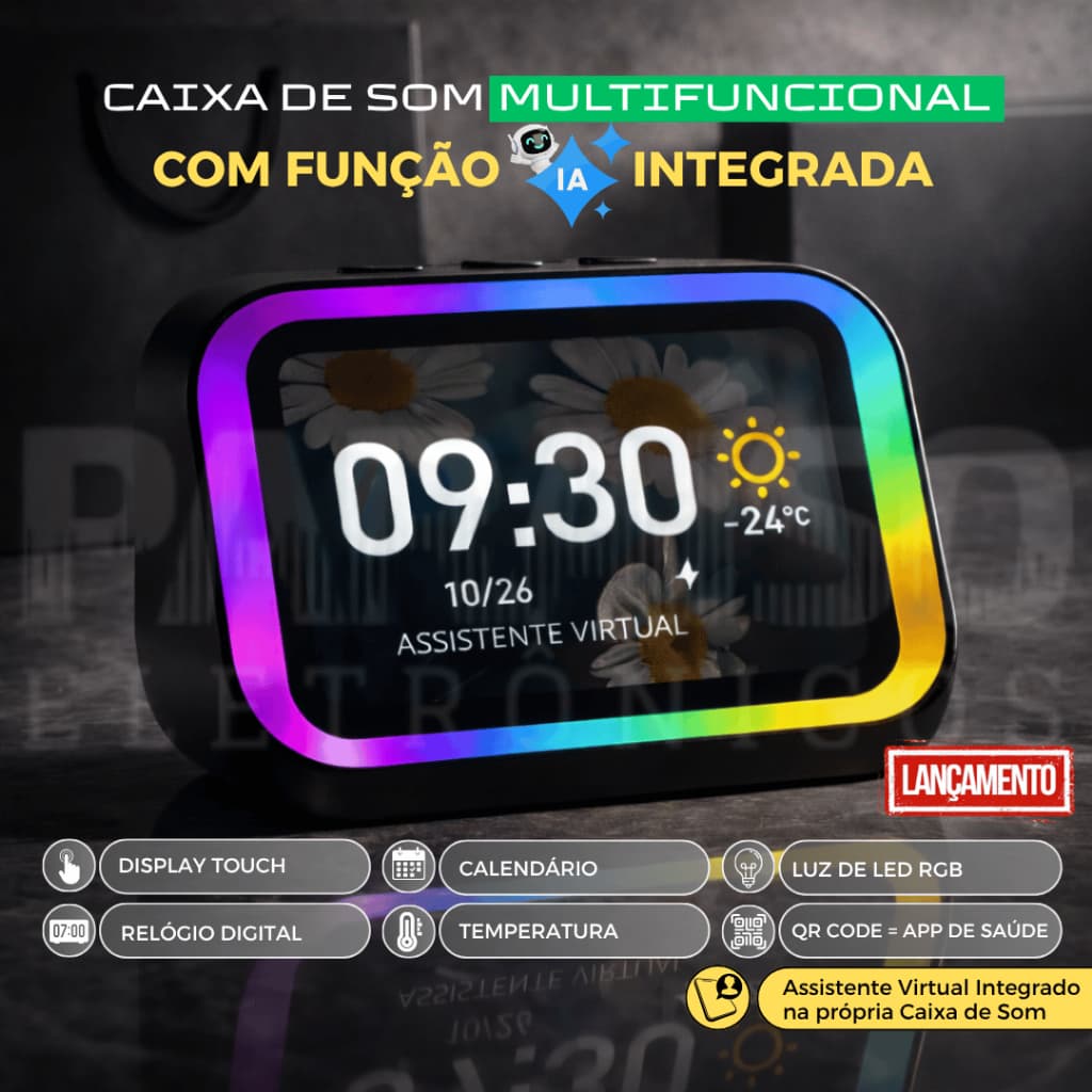 Caixa de Som Inteligente Bluetooth Portátil 20W Potente LED Display Touch com Tela e Relógio OFERTA