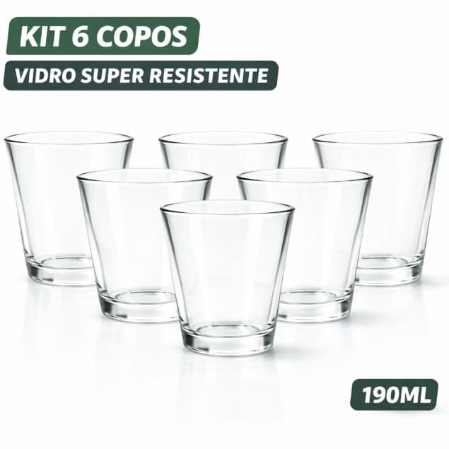 Jogo de Copos em Vidro 6 Peças Cozinha Agua Suco Refrigerante 190ml Mesa Posta
