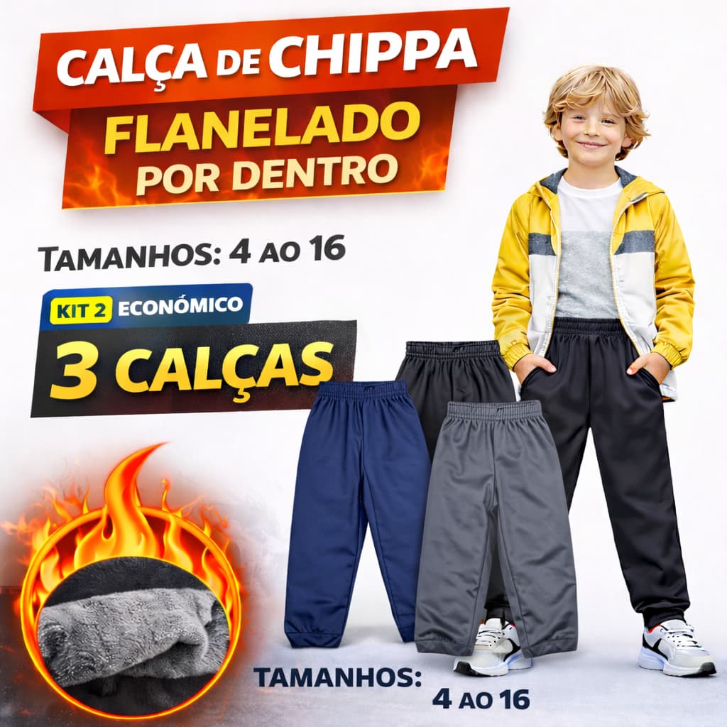 Kit 3 Calças Infantil e Juvenil Chippa Flanelada Por Dentro 4 ao 16