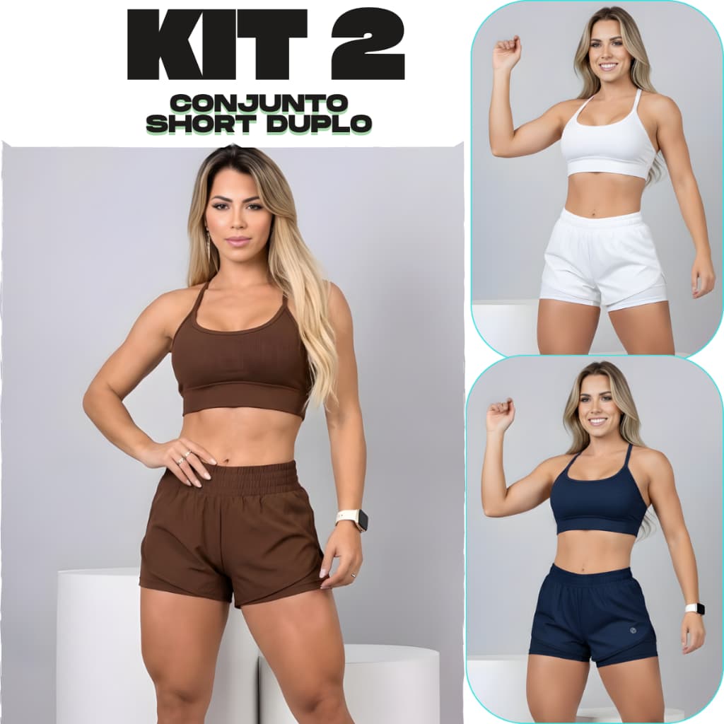 Kit 2 Conjuntos Fitness Feminino Short Duplo Academia Cintura Alta Treino Confortável