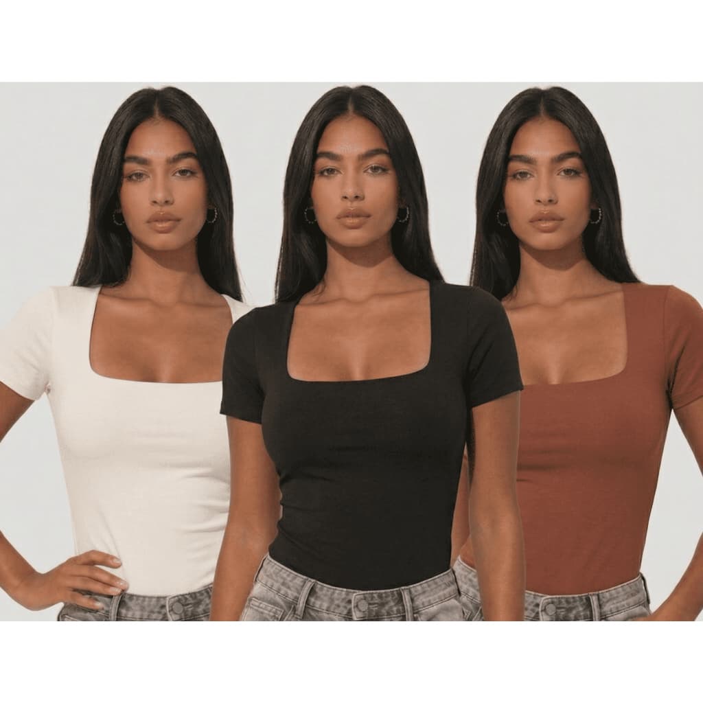 Kit 3 Blusa Feminina Decote Gola Quadrada Básica Casual Fit Suplex Premium