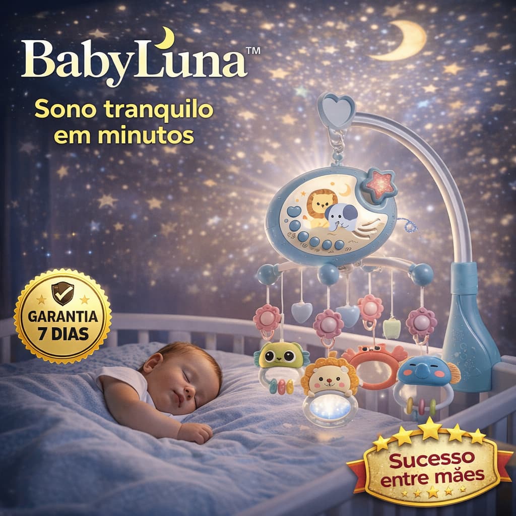 Mobile Musical Berço BabyLuna™ Projetor Luz Estrelas 360° Controle Remoto Bebê Dormir Rápido Calmante