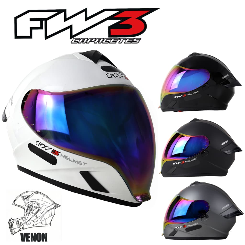 Capacete Fechado FW3 Venon Moto Esportivo Com Viseira Espelhada Camaleão