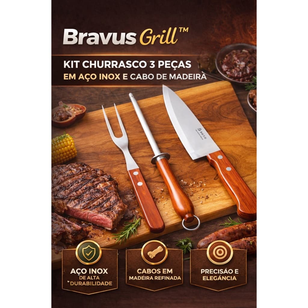 Bravus Grill™ Kit Churrasco 3 Peças Premium em Aço Inox – Alta Durabilidade | Cabo de Madeira Nobre  Resistente ao Calor