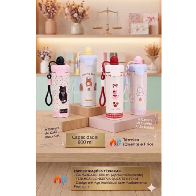 Garrafa Copo Térmica Infantil Premium em Inox 600 ml com alça