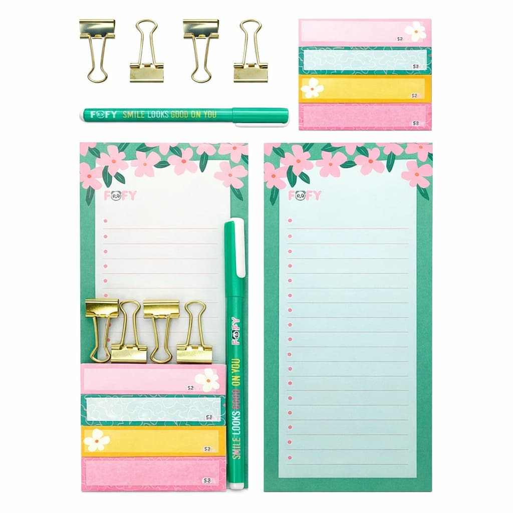 Kit Papelaria Fofa Completo Bloco de Notas com Post It Caneta Gel e Prendedores Kit Organização Escritório Presente Cria