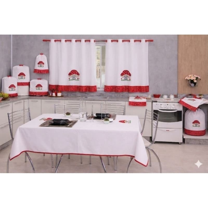 kit Jogo de cozinha com cortina e Toalha de Mesa Bordado 10 Pçs vários modelos