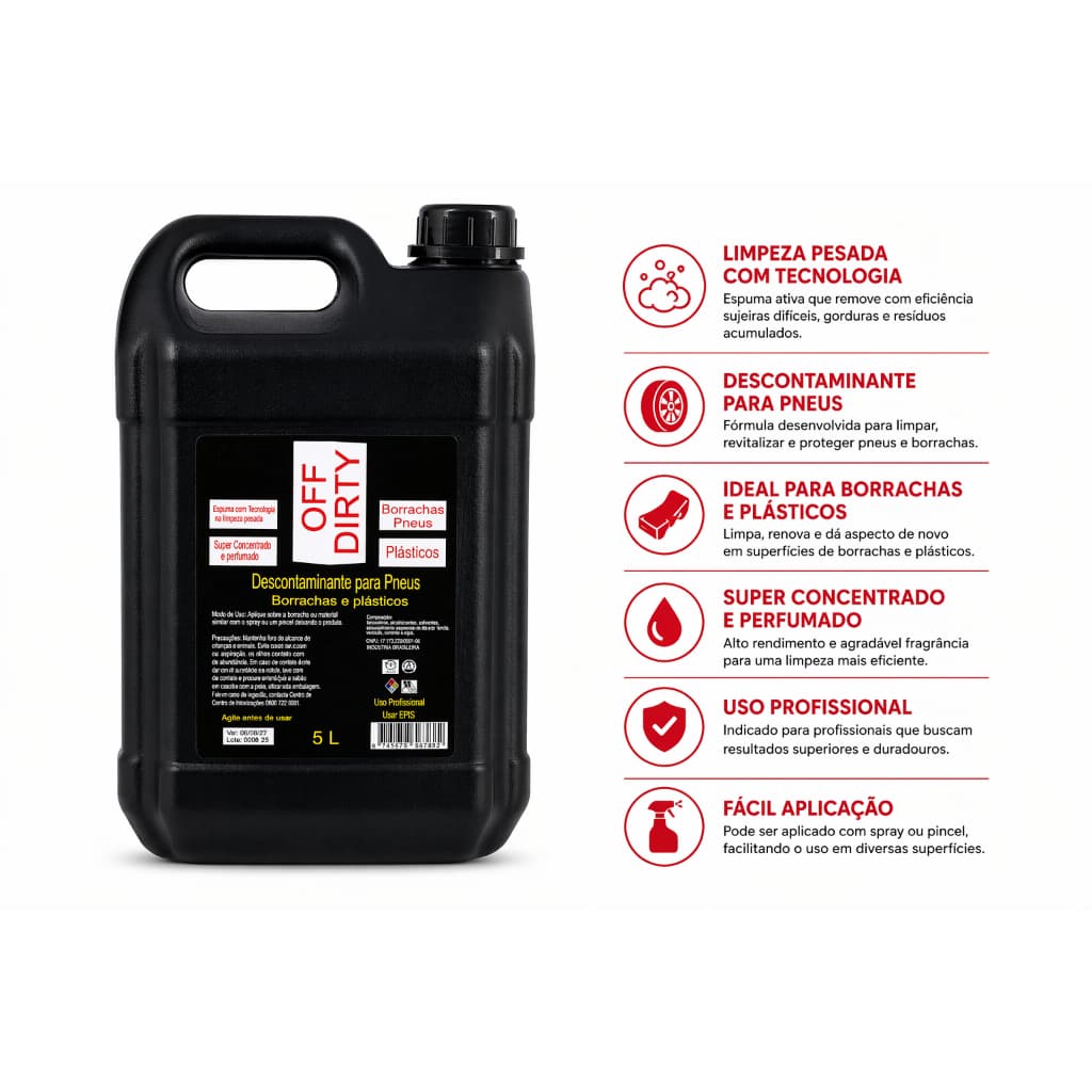 Descontaminante Para Pneus e Plásticos 5L Limpa Borracha Off Dirty Super Concentrado Automotivo
