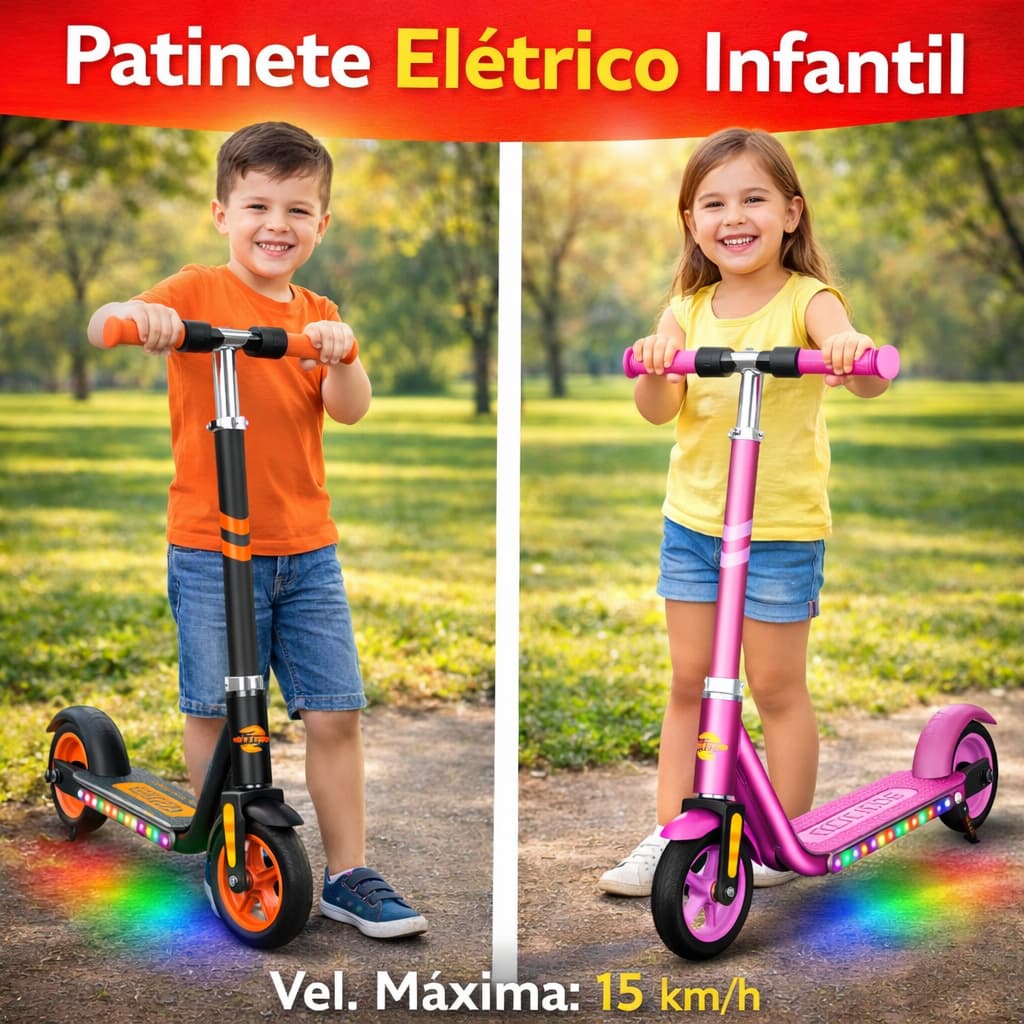 Patinete Elétrico Infantil LED Dobrável 150W Até 15km/h Ajustável Seguro Azul