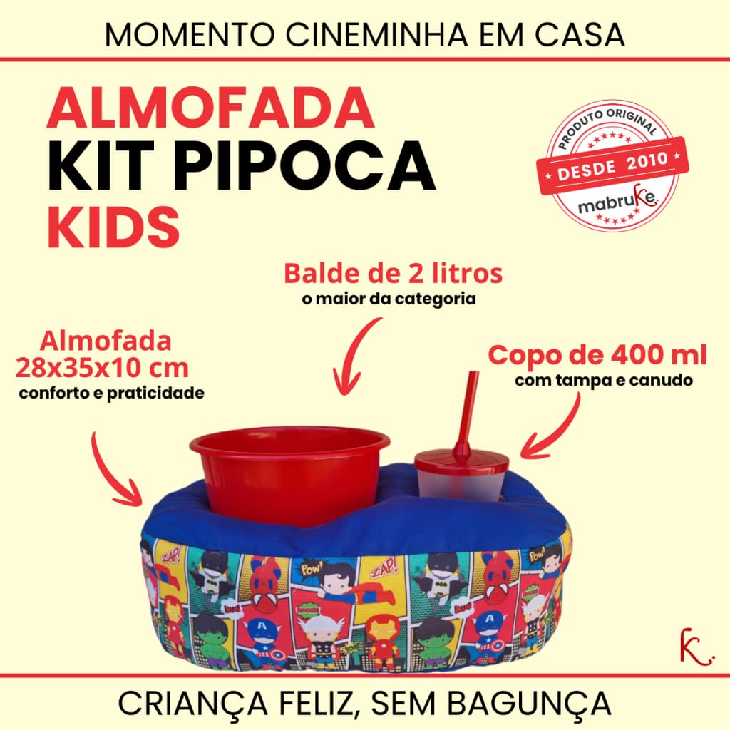 Almofada Porta Pipoca Kids Herois Kit Balde 2l + copo 400 ml Cinema Filme Decoração Conforto