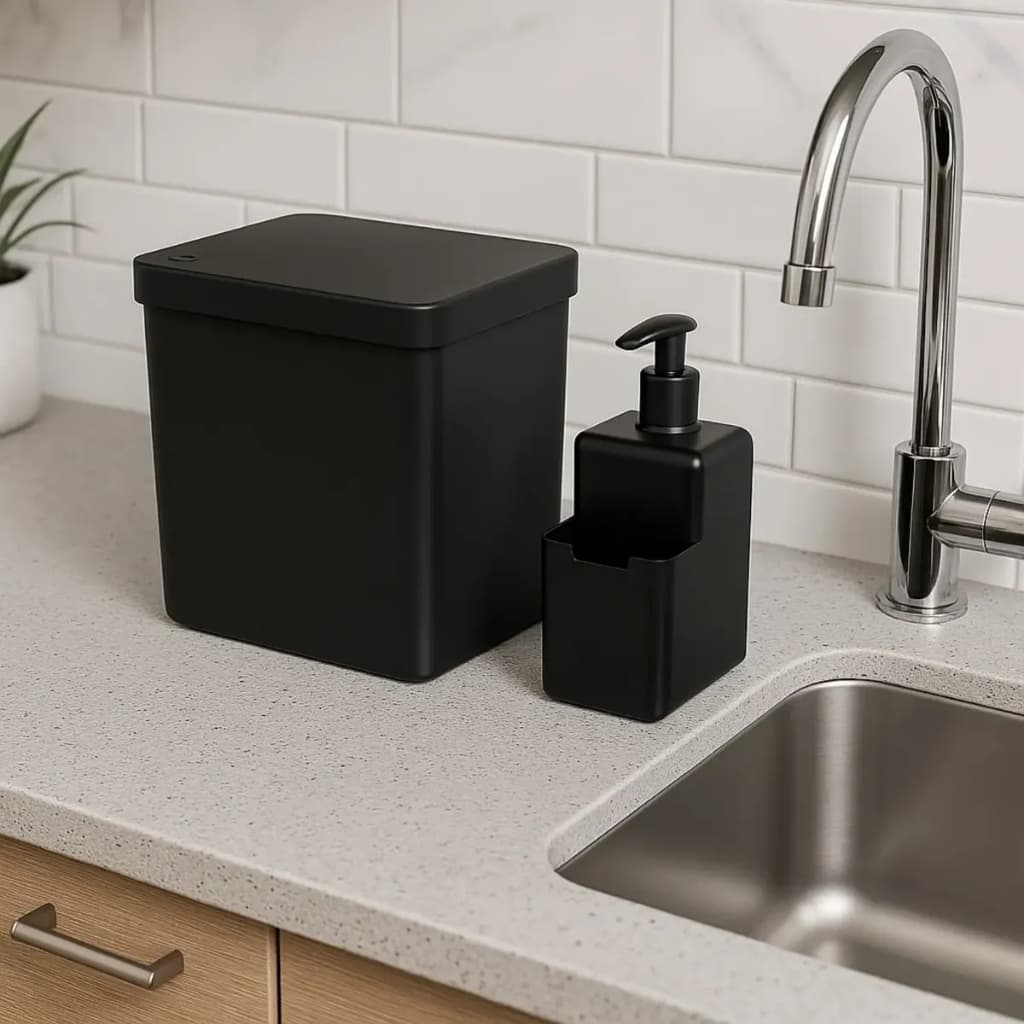 Kit Lixeira 2,5L + Dispenser de Detergente Single Sobre a Pia Esconde Sacola Bucha Cozinha Coza