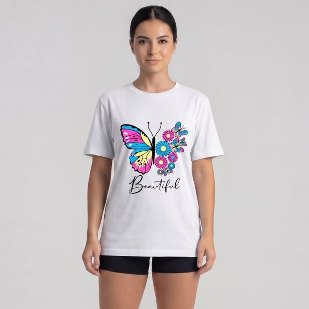 Camiseta Feminina de Algodão Premium com Estampa de Borboleta Colorida e Flores - Philklen