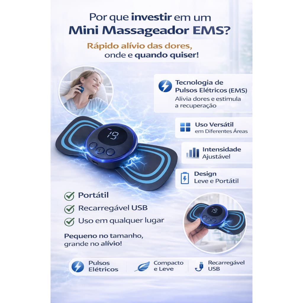 Mini Massageador Elétrico Portátil EMS 6 Modos USB Pescoço Corpo Relaxamento Muscular