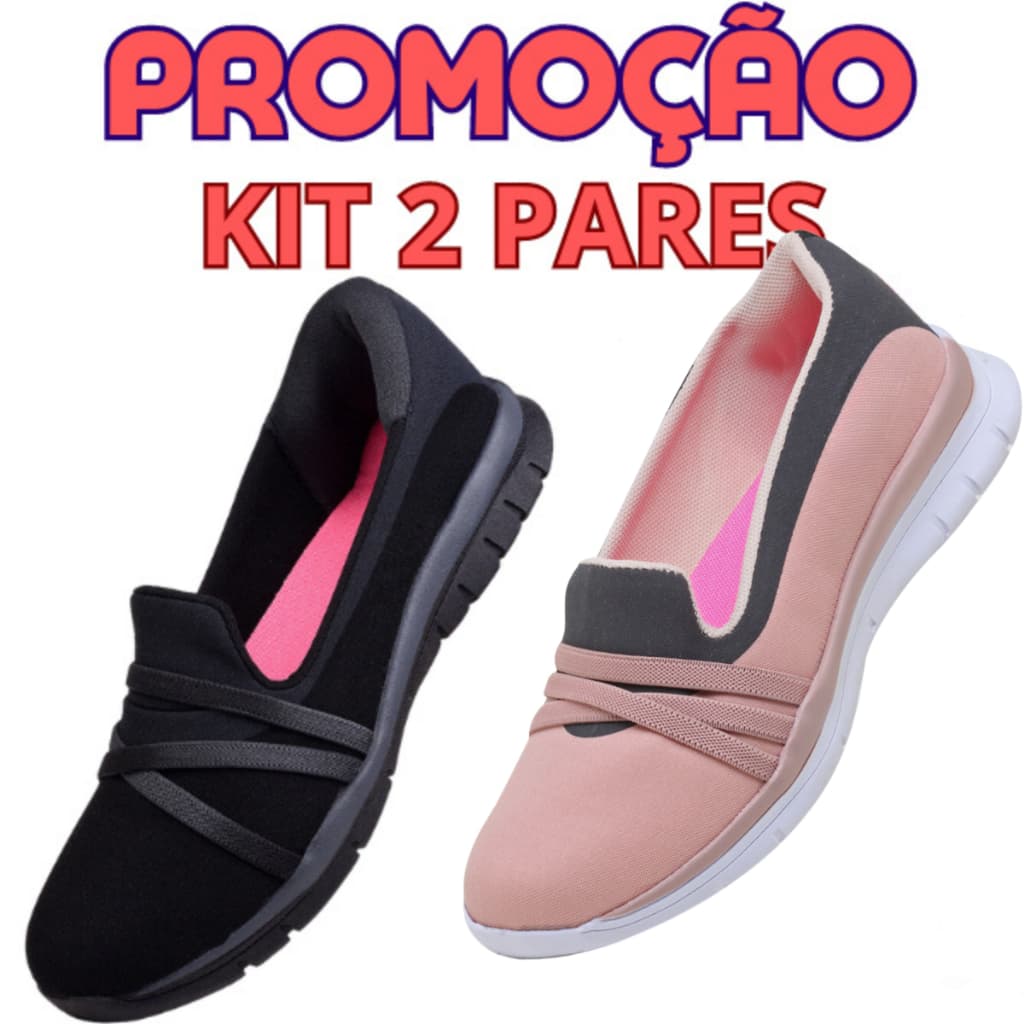 Kit 2 Pares Sapatilha Feminina Conforto Feminino com Palmilha Ortopédica em Gel Inclusa