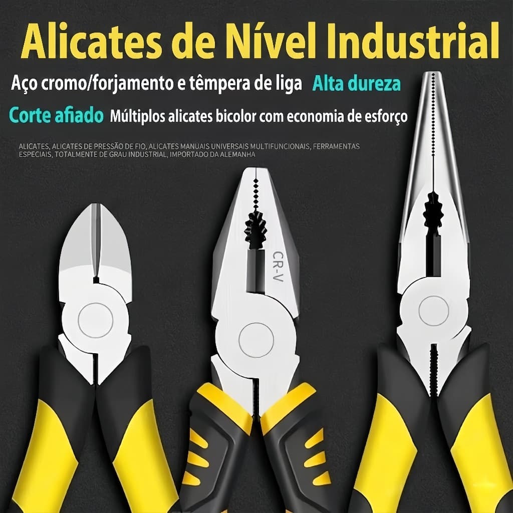 Jogo de Alicate 3 Peças 6 Pol Aço CR-V Profissional Universal Corte Diagonal Bico Longo Resistente Cortador Fio KINETX