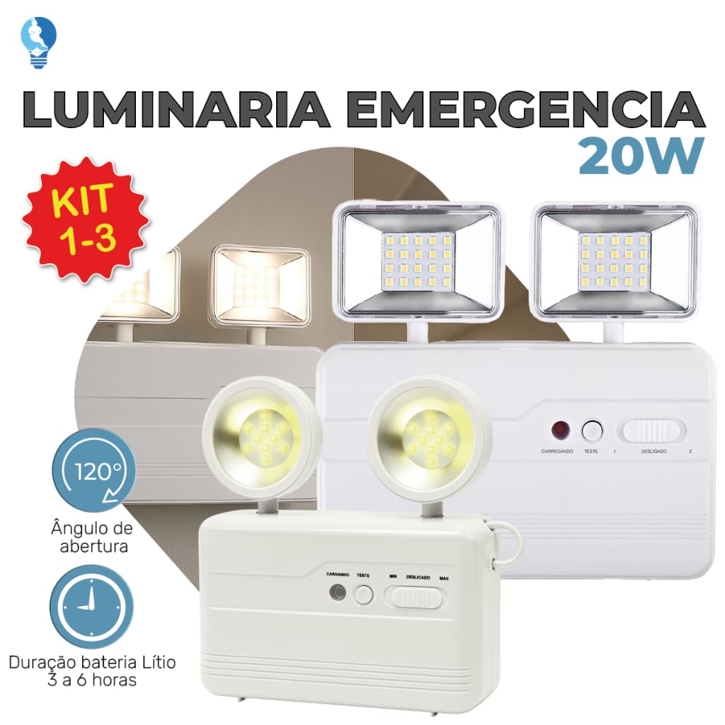 Luminária de Emergência Led Lite ou Pro 20W com 2 Farol Luz Branco Frio