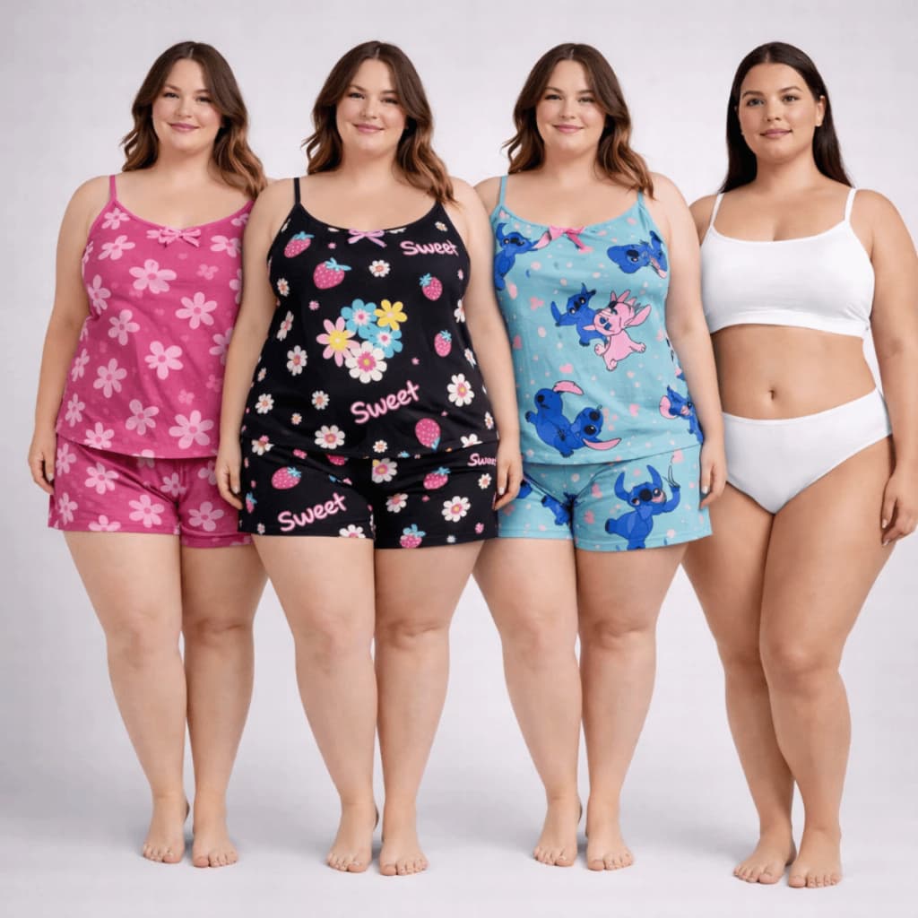 Kit Plus Size 3 Baby Dolls 3 Calcinhas Lisas e Estampadas Roupas de Dormir Pijama Short Doll Pijama