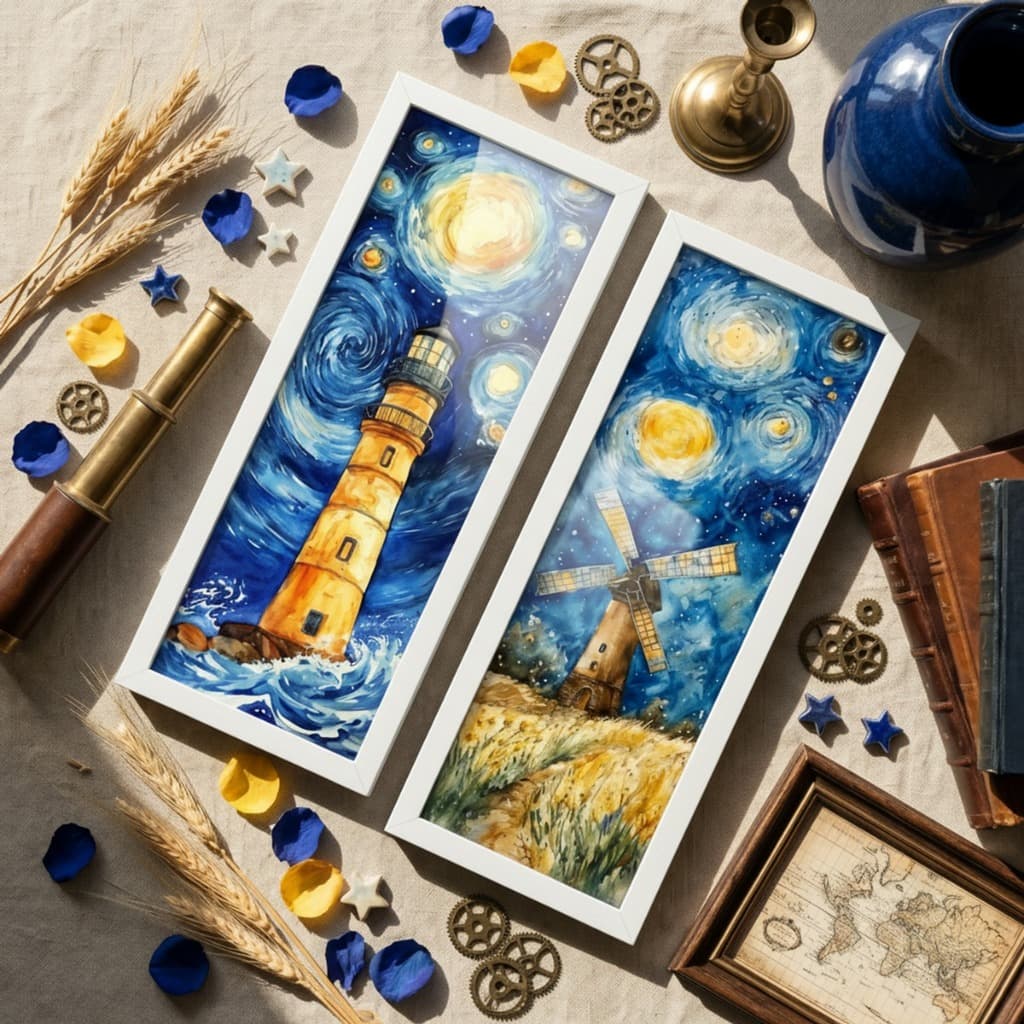 Quadro Decorativo Van Gogh Noite Estrelada Kit 2 Farol Moinho 18x45cm Moldura Madeira Vidro Arte