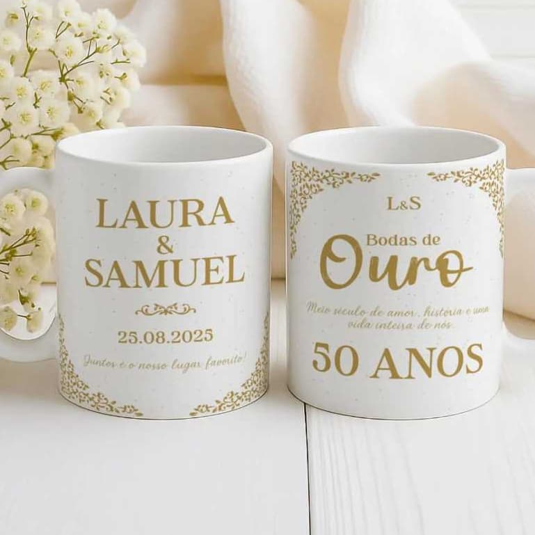 Caneca Personalizada Minimalista Bodas de Casamento Ouro, Prata, Entre Outros para Presente