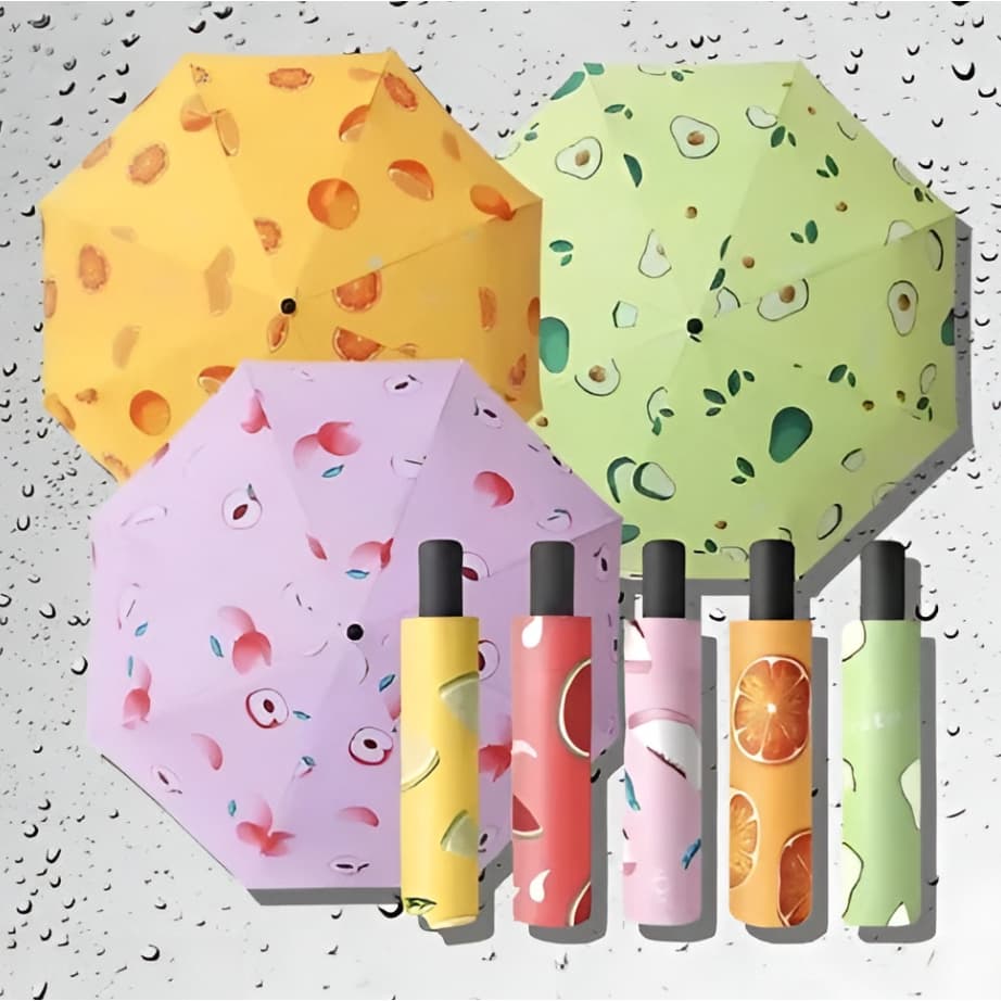 Guarda Chuva Dobrável Manual Estampa Frutas Proteção UV Leve Compacto para Sol Chuva Infantil Adulto