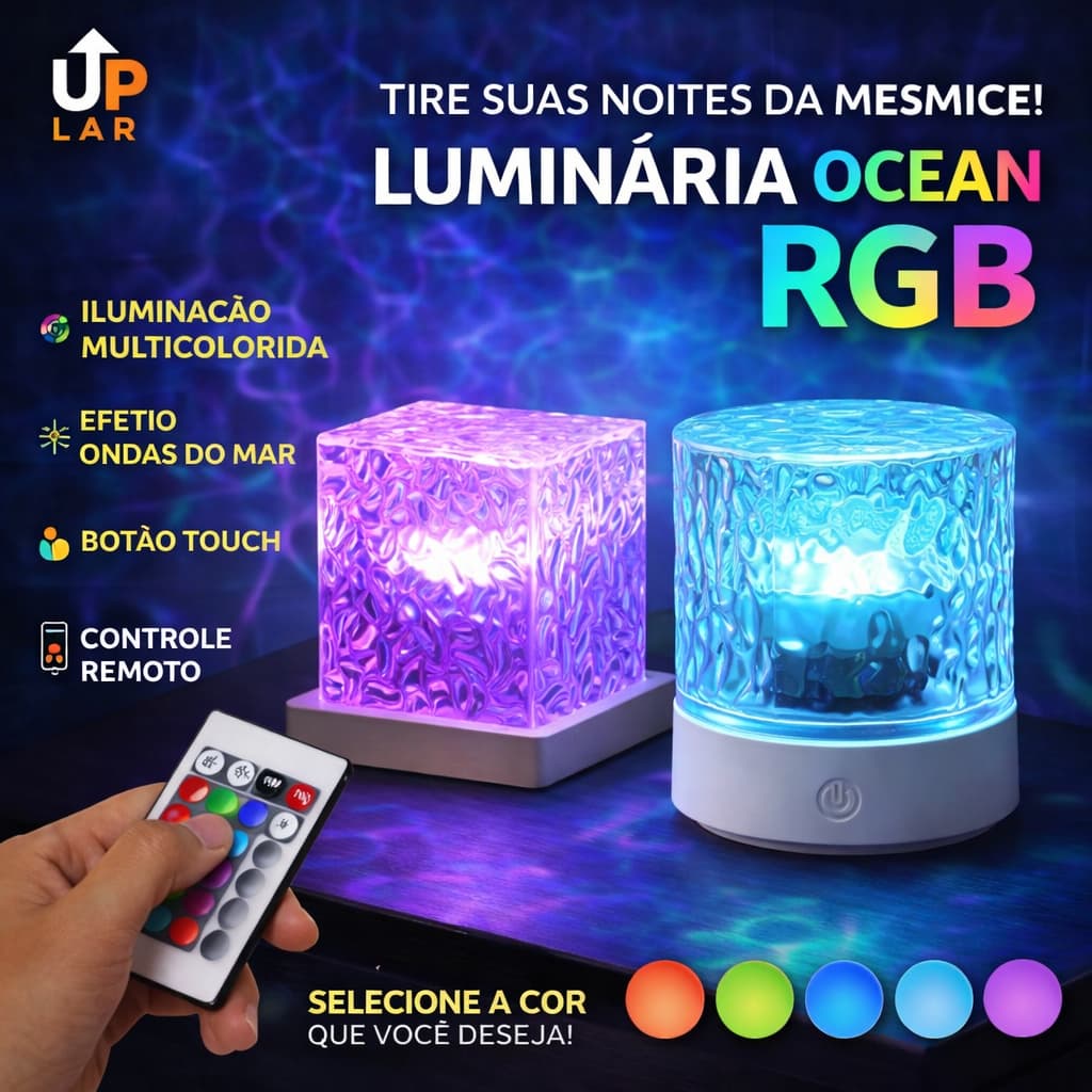 Luminária Acrílico Gamer Ocean RGB Aurora Mesa Efeito Oceano 16 Cores Controle USB