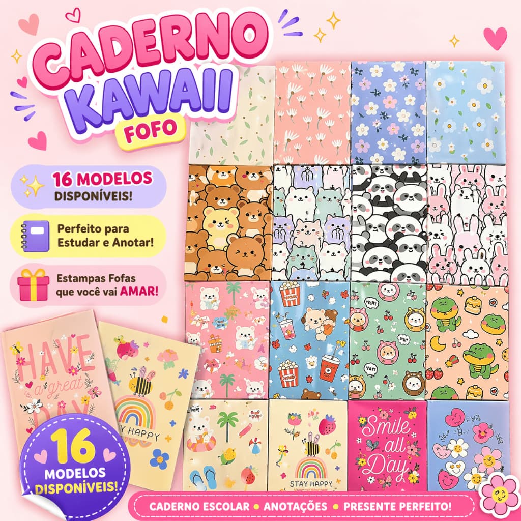 Caderno Kawaii Fofo Estampado 16 Modelos  Caderno Escolar Cute Panda Urso Coelho Floral para Anotações 32 folhas pautada