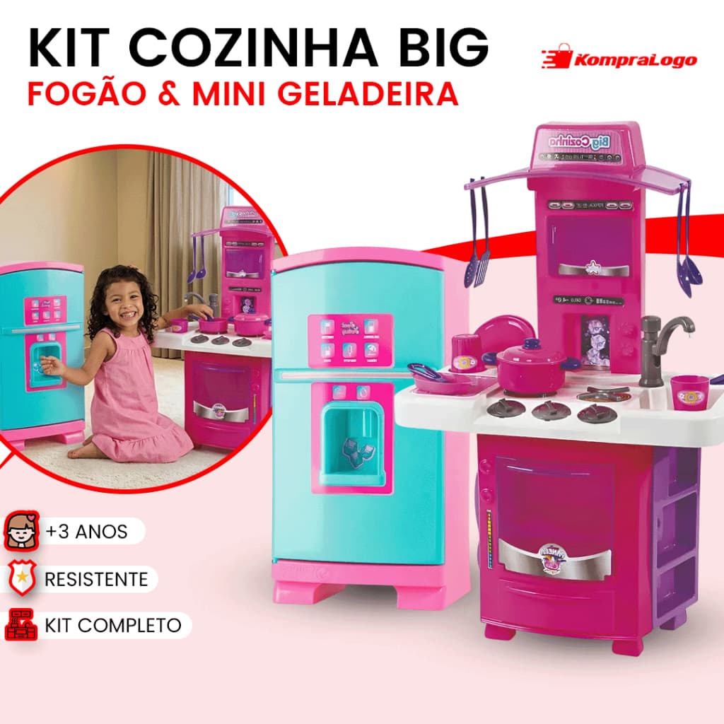 Cozinha Big Infantil Completa Kit Fogão Mini Geladeira Rosa