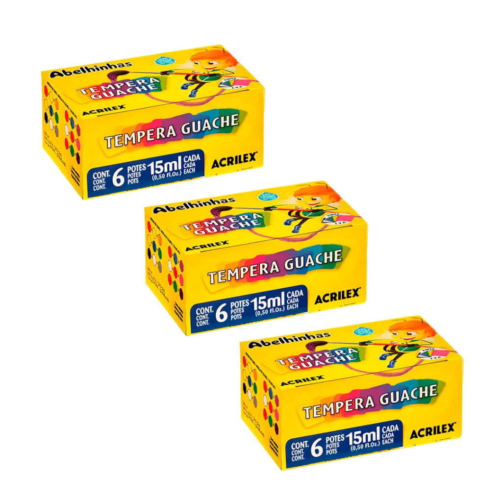 Tinta Guache Acrilex Tempera 6 Cores Kit 3 Caixas 15ml