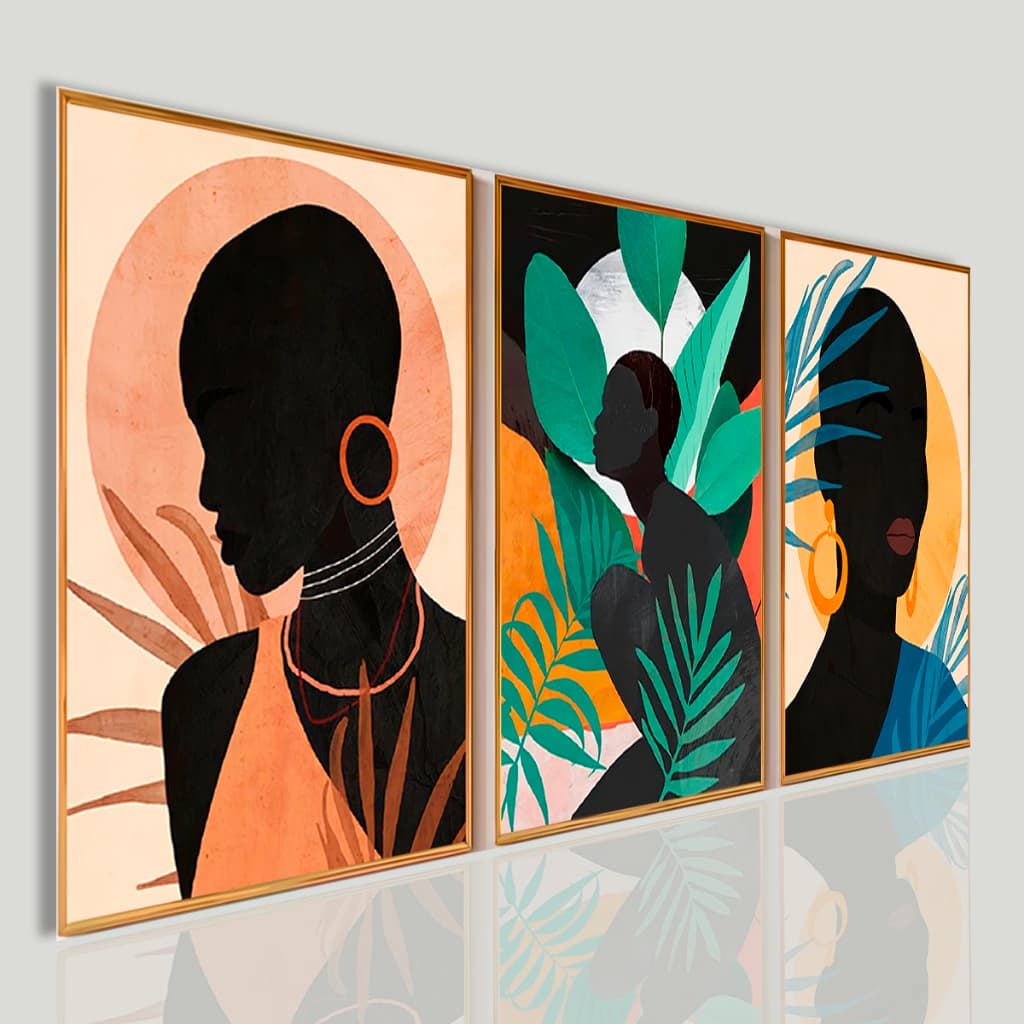 Trio quadros Decorativos Tropicais Silhueta Feminina e Folhas Moderno