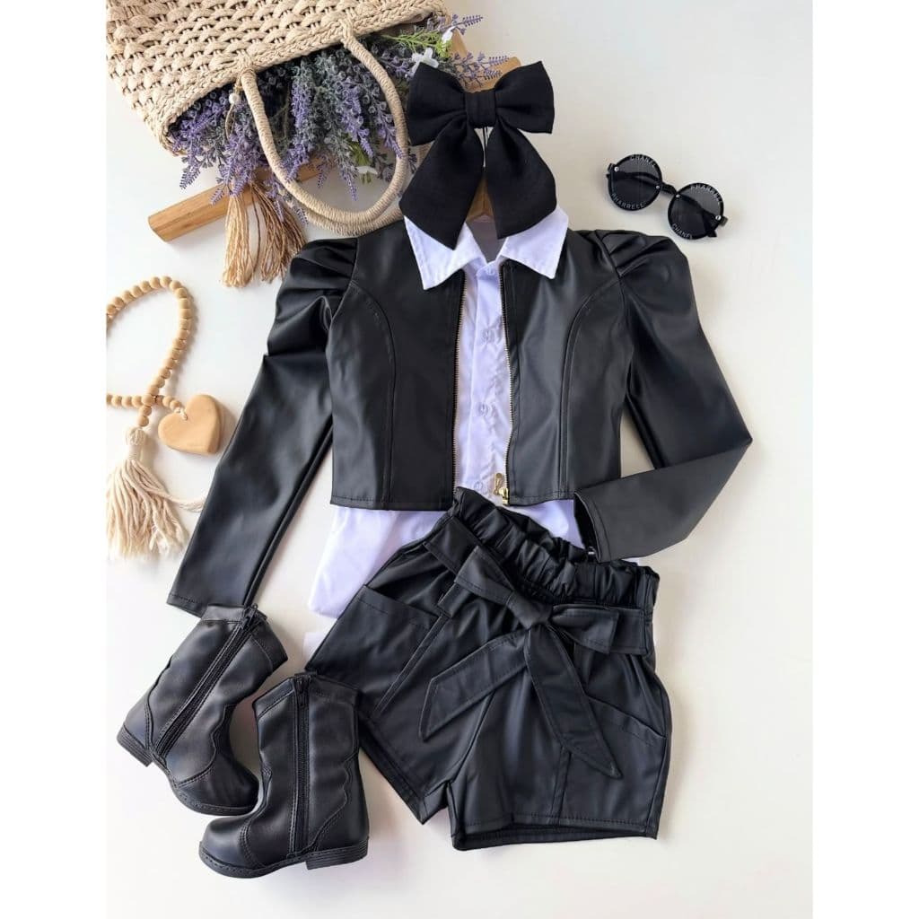 Conjunto Infantil Menina Couro Sintético: Jaqueta com Zíper e Short