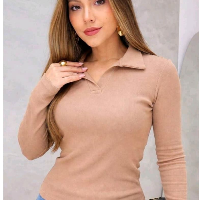 Blusa De Manga Longa Con Gola Polo Em Tecido Ribana Flanelado E Uma Peça que Combina Elegancia, Comforto e Versatilidade