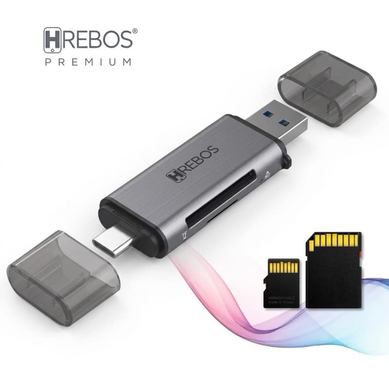 Leitor de Cartão de Memória SD Hrebos If 230 Micro SD 2 em 1 Adaptador USB + Tipo C(USB-C) 2.0 Compatibilidade Universal
