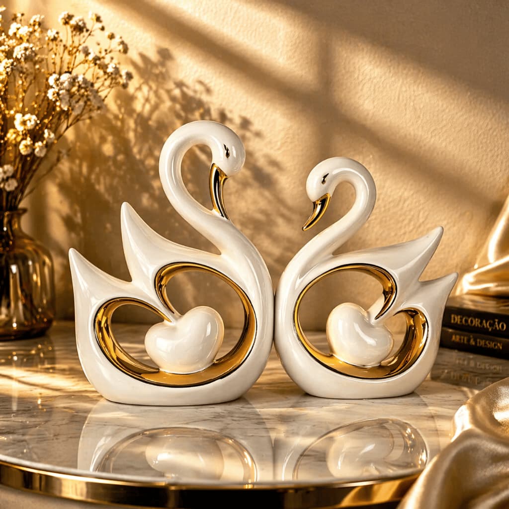 Escultura Cisnes Decorativos Brancos com Dourado Cerâmica para Sala Mesa Aparador