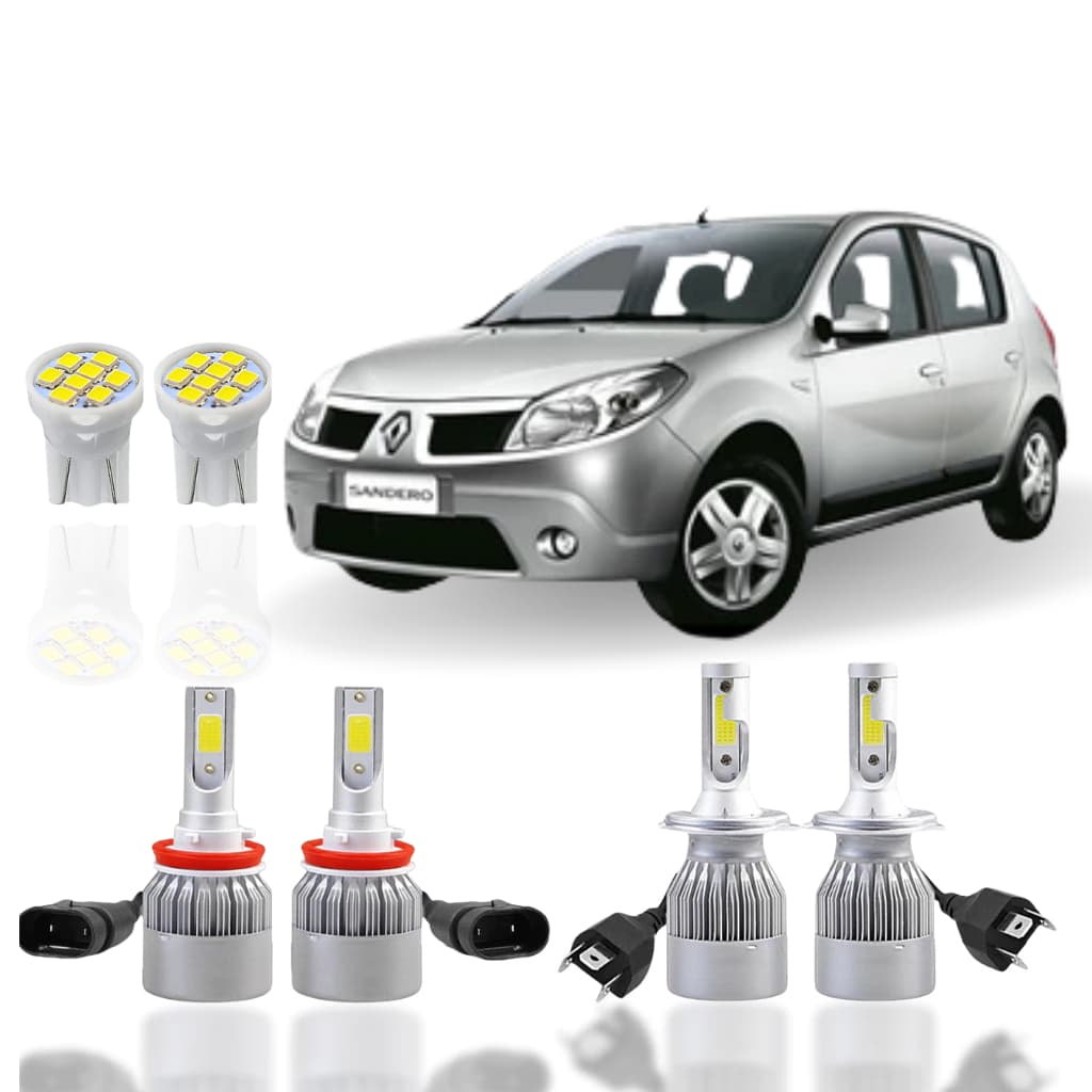 Kit Lâmpada Led Renault Sandero 2007 a 2014 (Farol Alto Baixo Milha Farolete) Super Led H4 H11 T10 NEBLINA MEIA LUZ