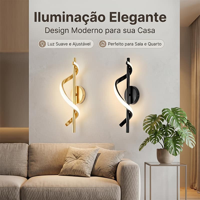 Arandela Espiral LED 12W Tricolor, Design Moderno, Metal + Silicone, Luz Ajustável para Ambientes