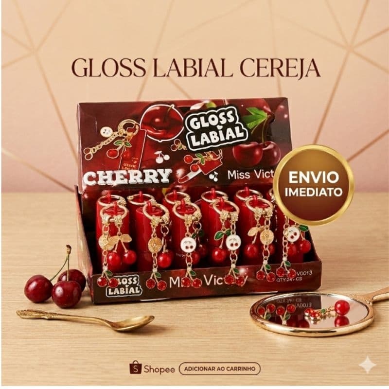 Gloss Labial Cereja com Chaveiro 🍒 Hidratante Brilho Espelhado | Lip Gloss Fofo Tendência | Cherry