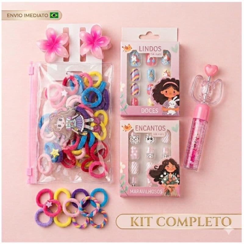 Kit Menina Vaidosa Infantil 💖 Unha Postiça + Xuxinhas + Presilha Flor + Gloss | Presente Perfeito