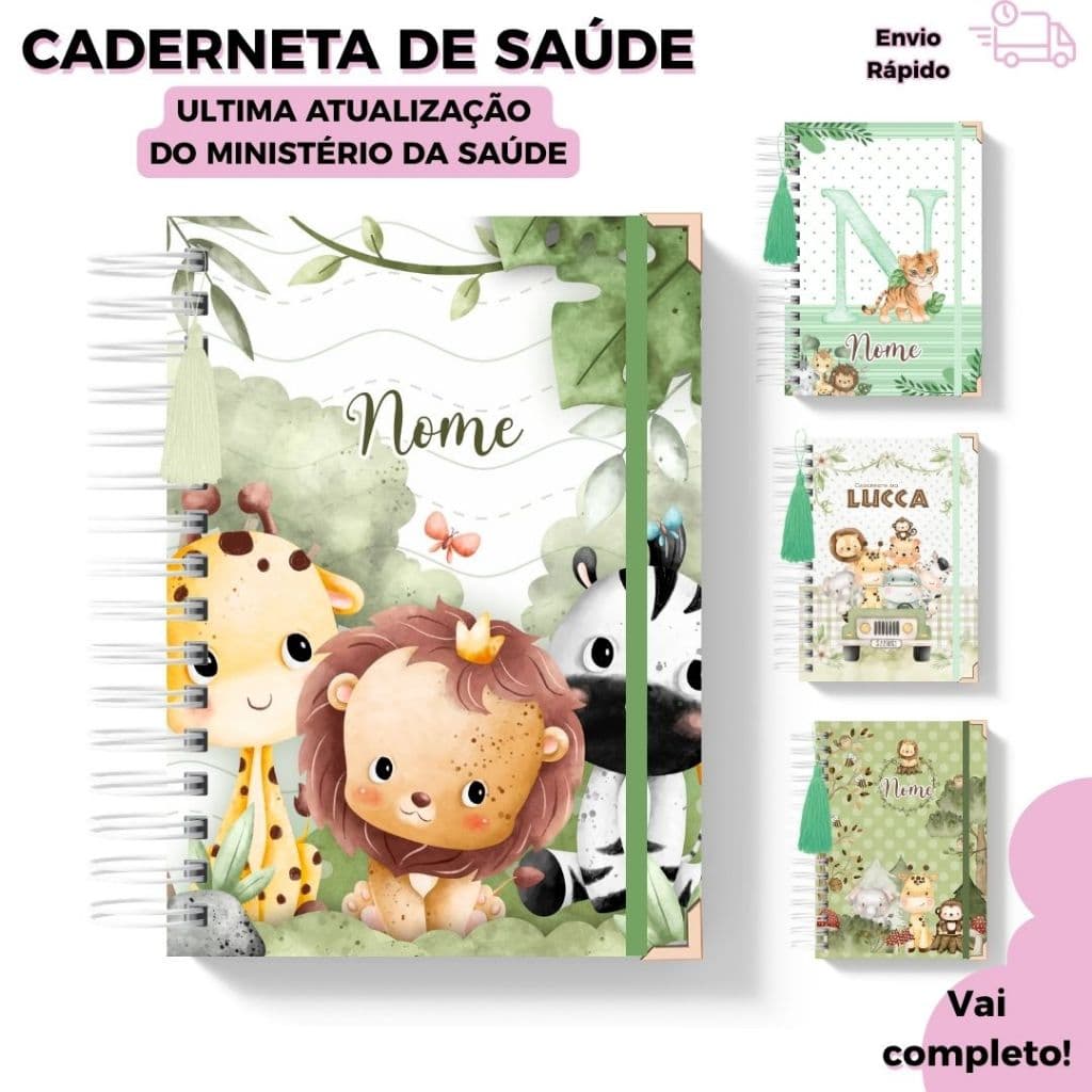 Caderneta de Saúde Personalizada Infantil  Safari| Caderneta de Vacinação Bebê  com Nome completa