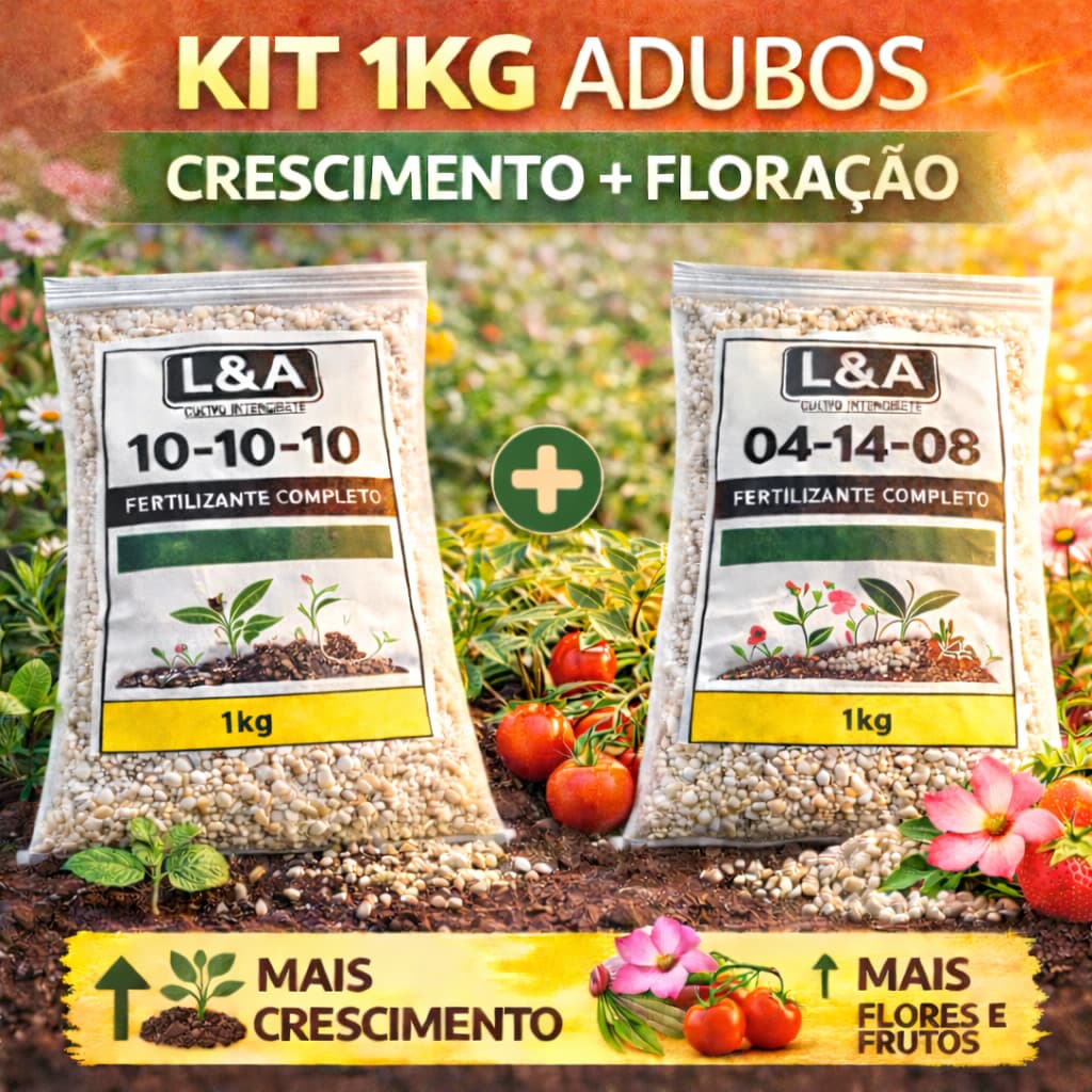 KIT COMPLETO PROMOCIONAL: Adubo NPK 10-10-10 1kg + 04-14-08 1kg – Crescimento + Floração e Frutificação para Plantas