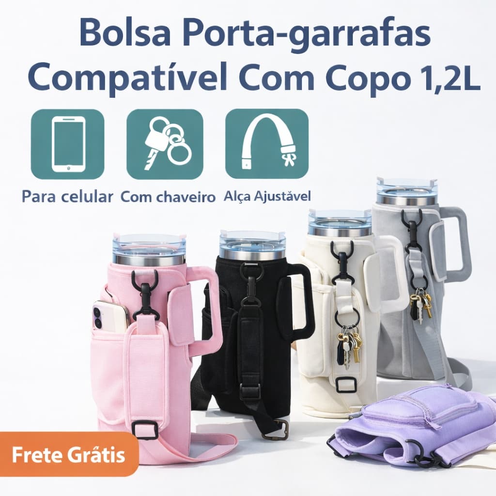 Bolsa Porta-Garrafa de Água 40oz (1,2L) com Porta-Celular, Chaveiro e Alça Ajustável