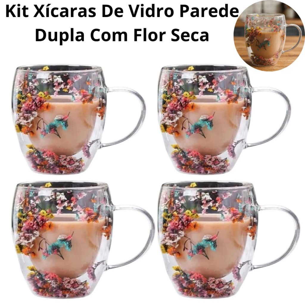 Kit Caneca Xícara de Vidro Duplo Parede Dupla Florida Flor Seca Bebidas Café Chá Expresso