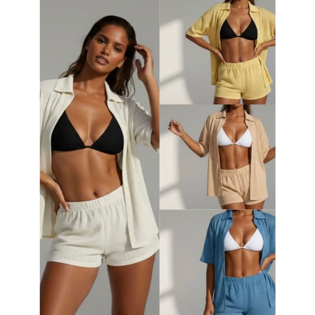 Conjunto Saída de Praia Feminina Kimono + Short Crochê Rendado Leve Verão