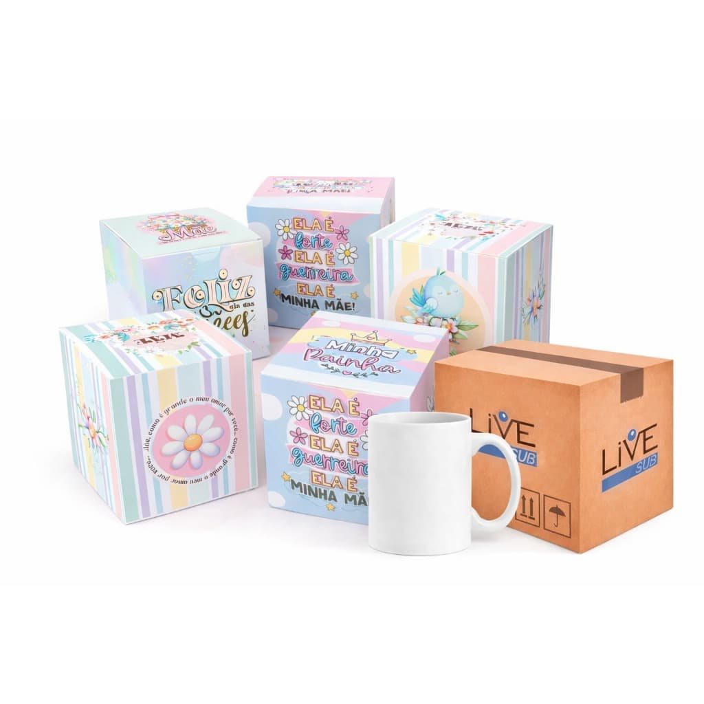 Caneca Live Sub Porcelana 325 ml Branca + Caixinha Dia Das Mães - 10 Unidades