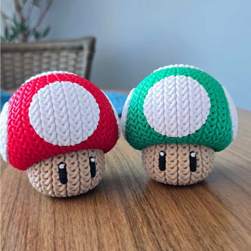 Miniaturas Mushrooms do Mario em Impressão 3D – Estilo Crochê Decorativo 🍄🧶🎮
