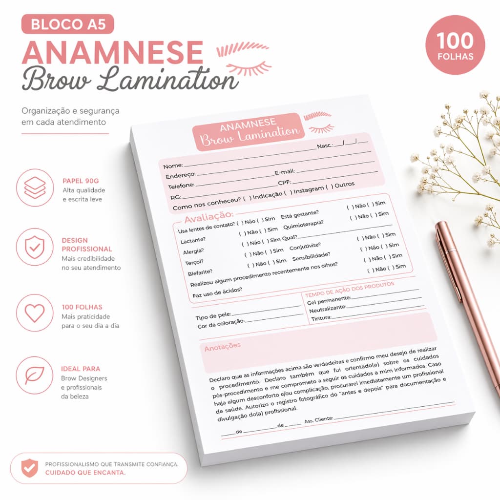 Bloco de Anamnese Brow Lamination (100 FOLHAS) - Ficha de Anamnese Brow Lamination
