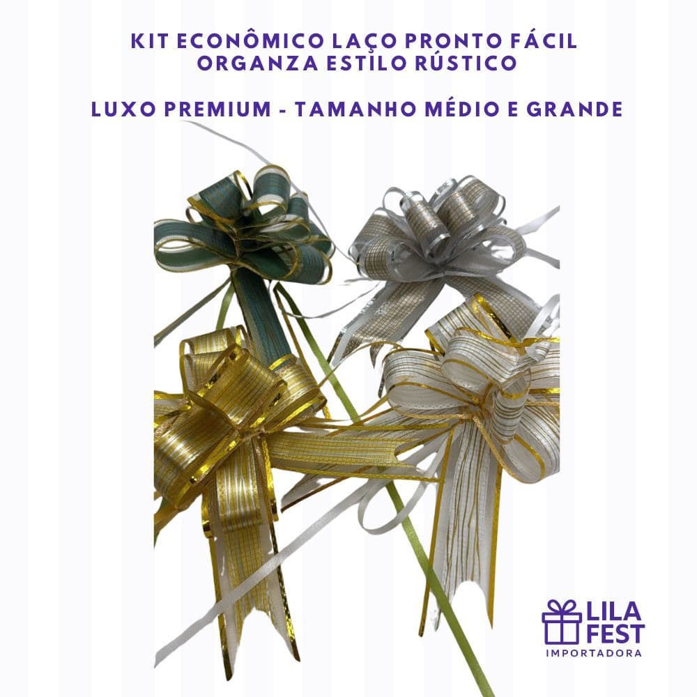 Laço Organza Rústico Pronto Fácil Kit 10/30/50 Unidades Estilo Luxo Premium Decorativo Presente Embalagem Dourado Cores